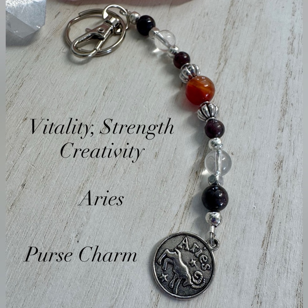 2/$40 Aries Zodiac Carnelian Garnet & clear Quartz Gemstone Purse Charm Keychain